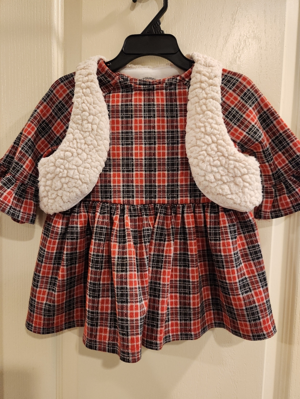 Red & Black Plaid Baby Dress with Cream Faux Sherpa Vest, Size 3T